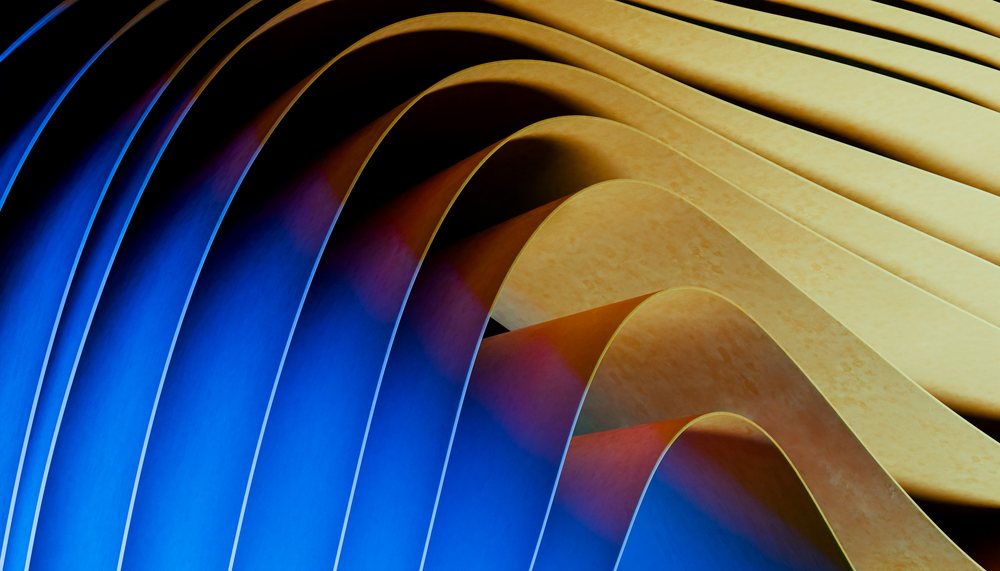 Digital artistic rendering of abstract curved shapes in blue and beige gradients forming a smooth wave pattern, render, wallpaper.