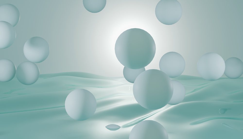 Abstract digital 3D render depicting floating blue spheres above a smooth fluid surface with soft ambient light.