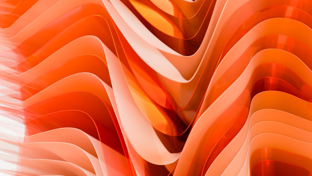 Abstract orange fluid curved shapes layered in a glossy translucent design.