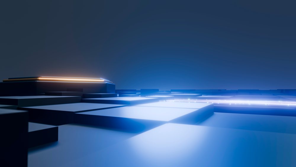 Glowing hardware components with blue lighting illuminate a digital data center environment, AI, compute.