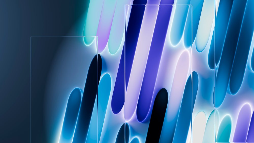 Abstract glowing blue and purple translucent glass tubes with light reflections in a modern digital illustration.