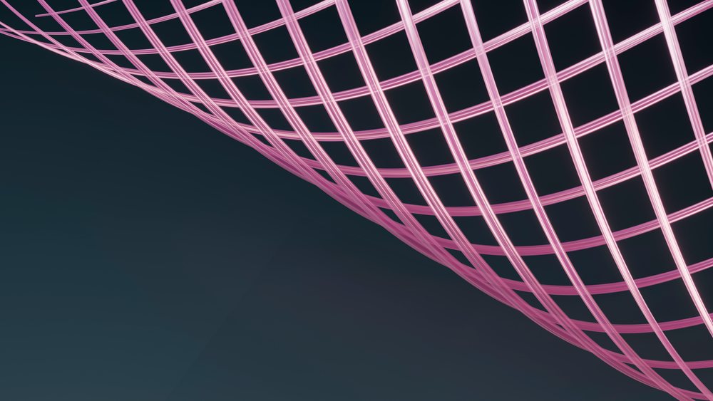 Pink curved lattice with grid mesh on a dark background forms an abstract modern geometric design.