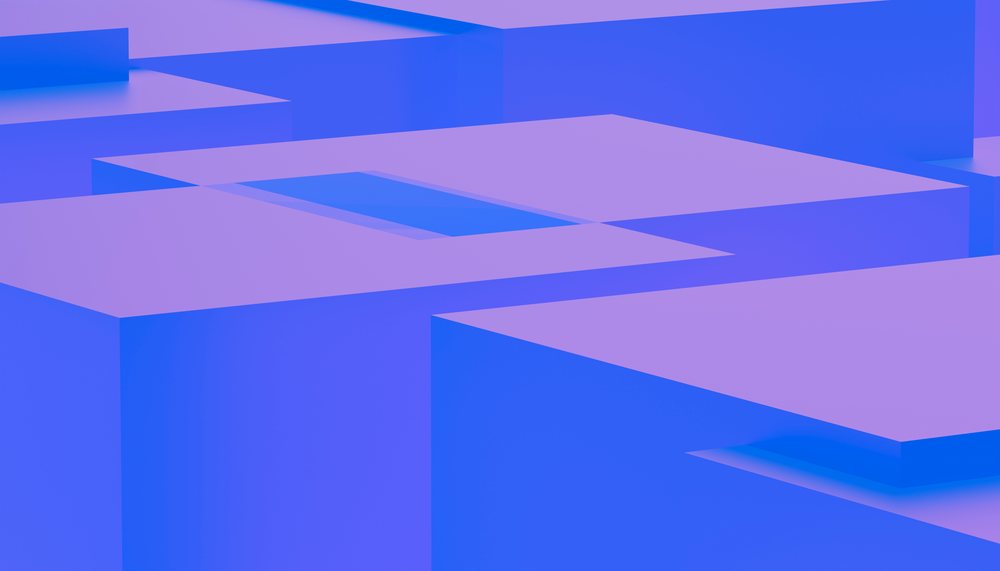 Abstract 3D geometric composition of blue and purple cubes with smooth surfaces and modern design.