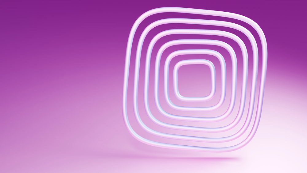 Glowing neon tubes shaped as rounded squares arranged concentrically on a purple and pink gradient background in smooth 3D digital art.