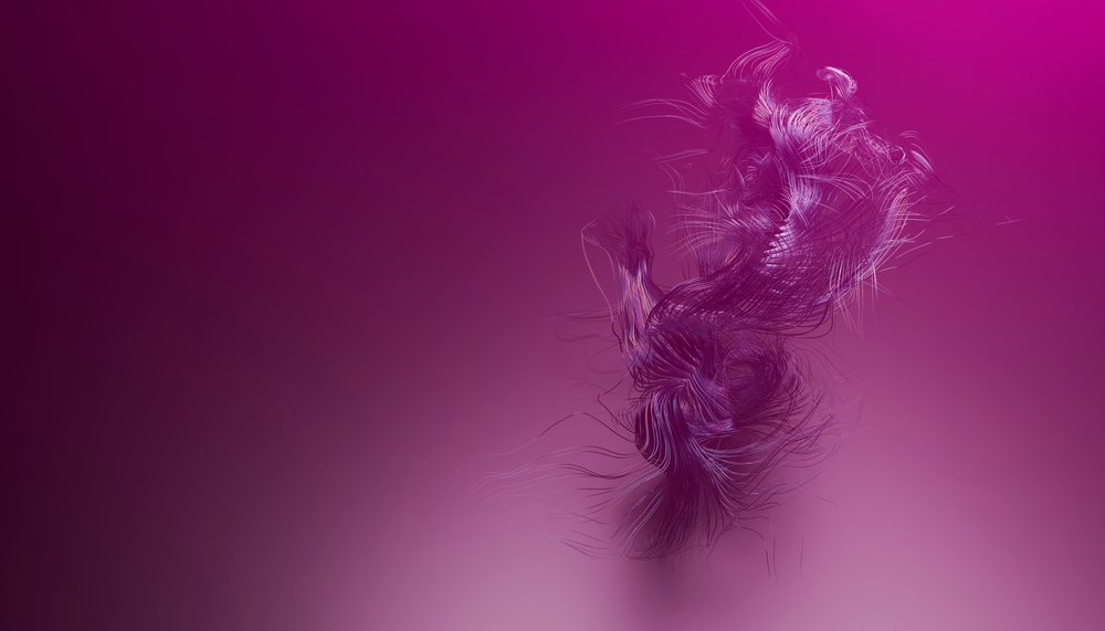 Abstract digital art featuring purple swirling and flowing strands creating a fluid composition on a purple gradient background.