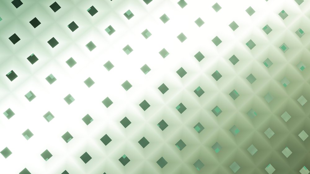 Abstract pattern of green 3D squares with gradient lighting and soft shadows in a digital geometric design.
