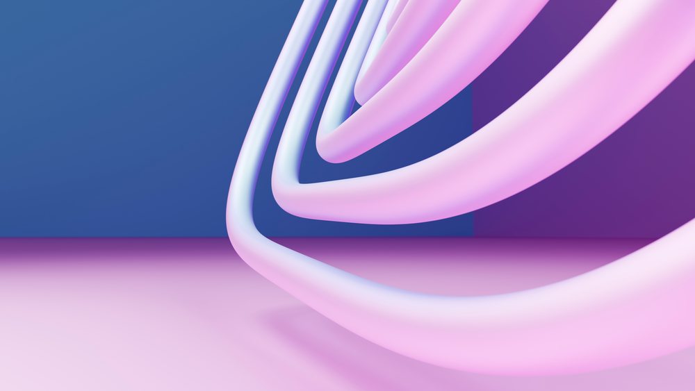 Abstract 3D rendering of pink and white intertwined tubular loops on a smooth blue and pink reflective surface.