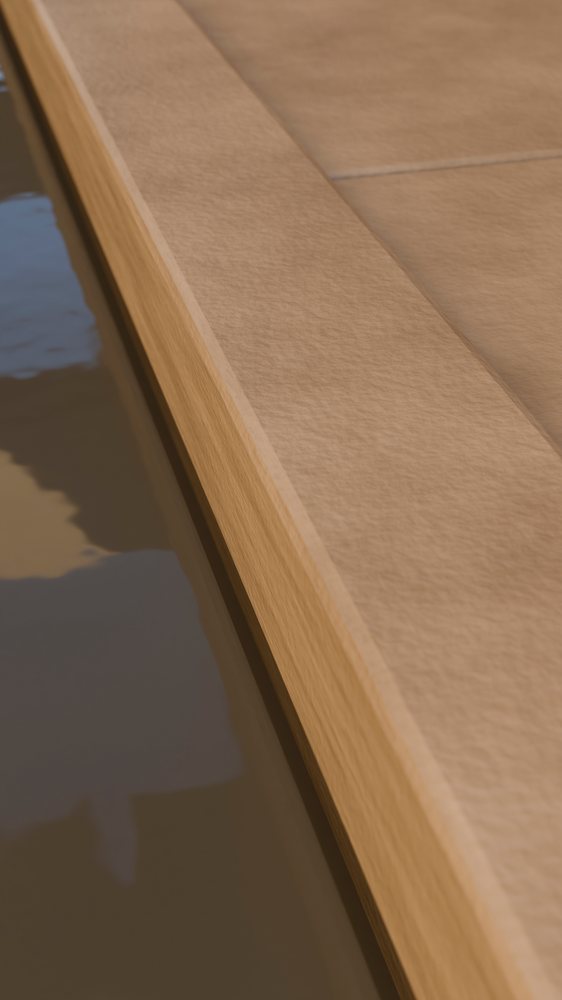 Close-up of a wooden pool edge beside calm water reflecting shadows and sunlight outdoors.