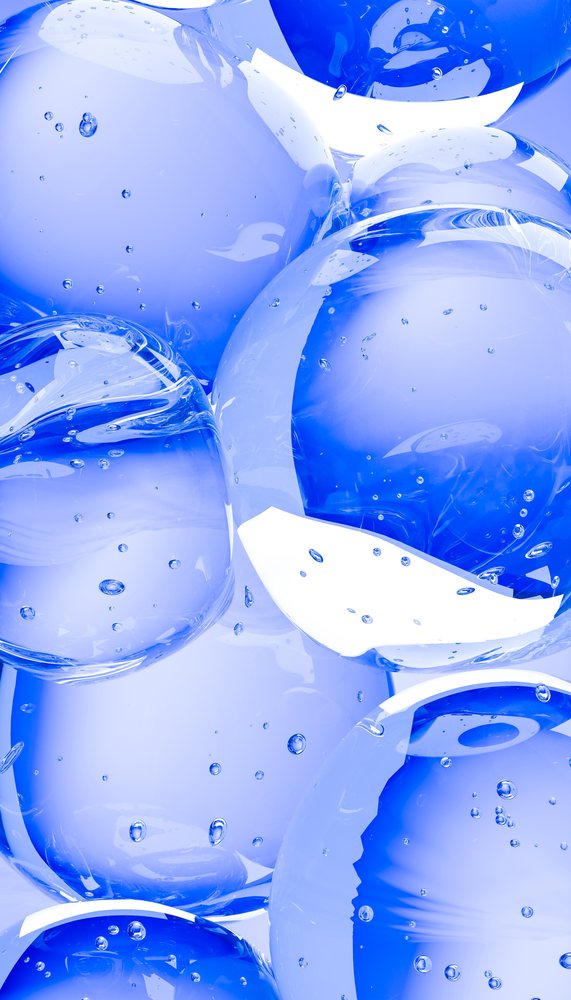 Closeup illustration showing smooth shiny blue transparent spheres with bubbles and reflections in an abstract arrangement.