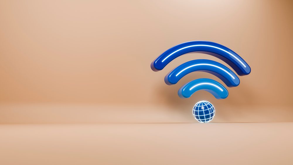 3D digital illustration of a blue wifi symbol with three curved arcs above a glowing globe icon on a beige background.