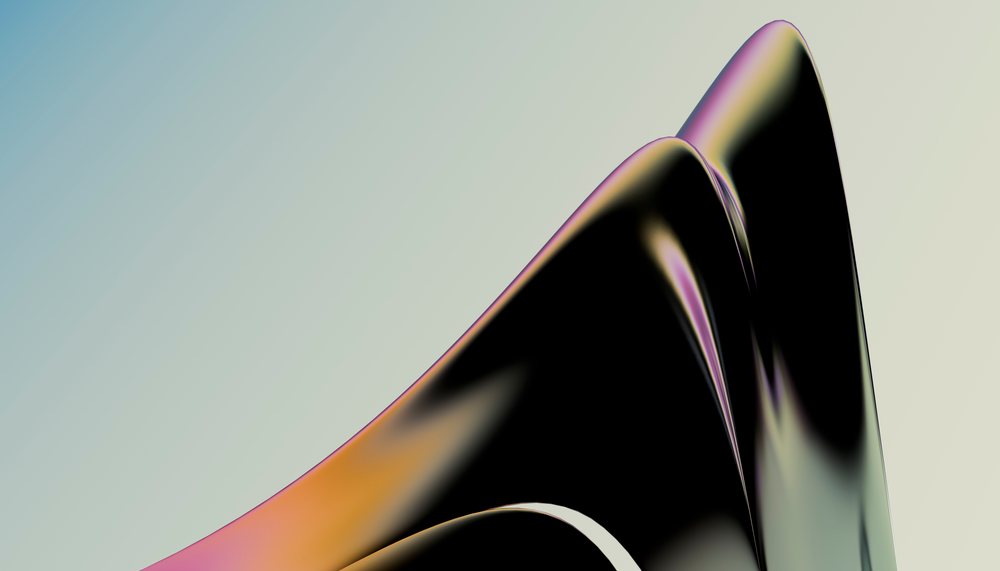 abstract black shiny curved sculpture with colorful reflections on a soft gradient background.