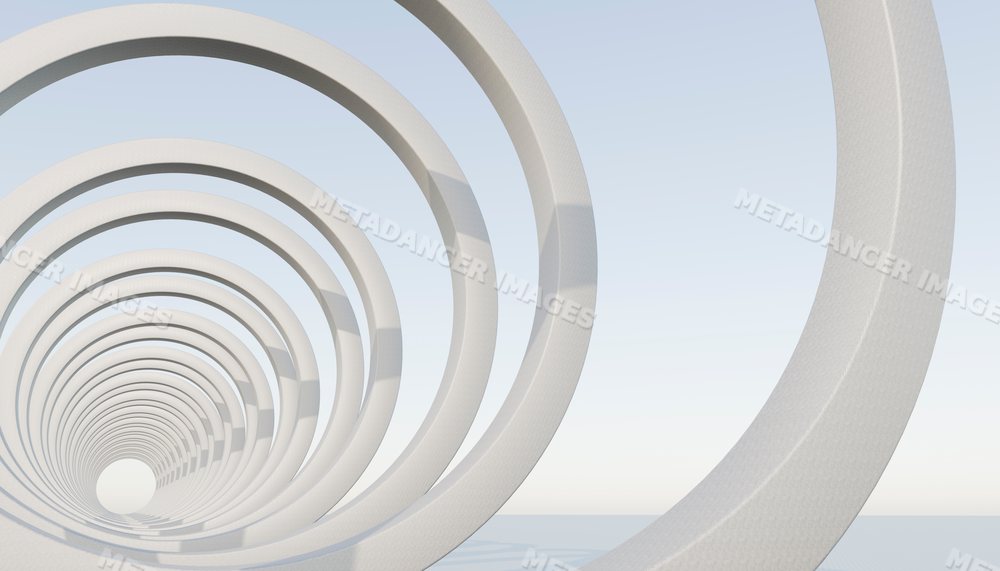 Abstract installation with repetitive white circular arches forming