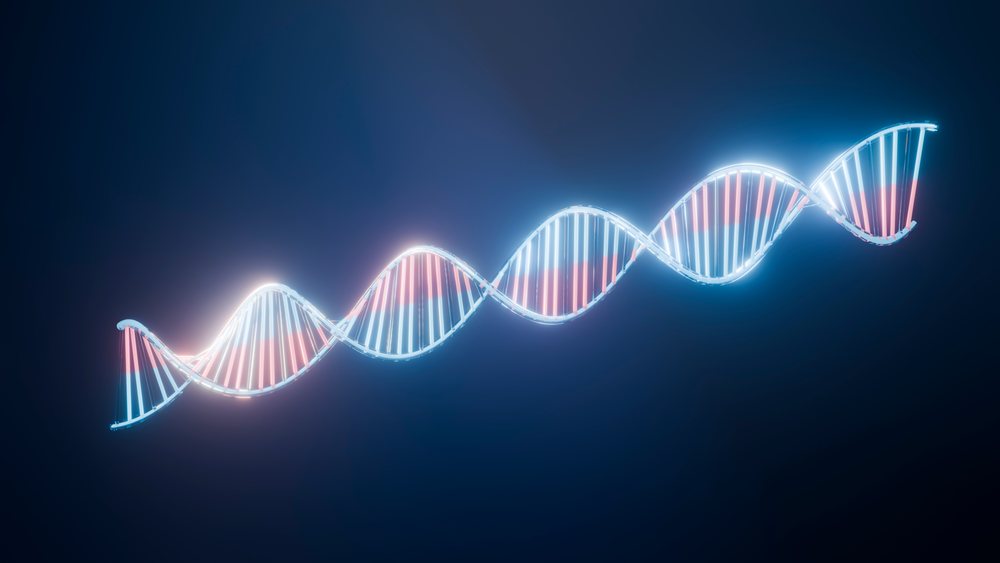 Glowing digital illustration of a DNA double helix strand with spiral molecular structure representing genetic material.