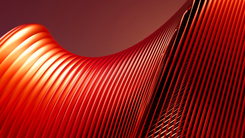 Abstract digital illustration featuring red flowing curved lines forming a vibrant textured pattern with three-dimensional ridges.
