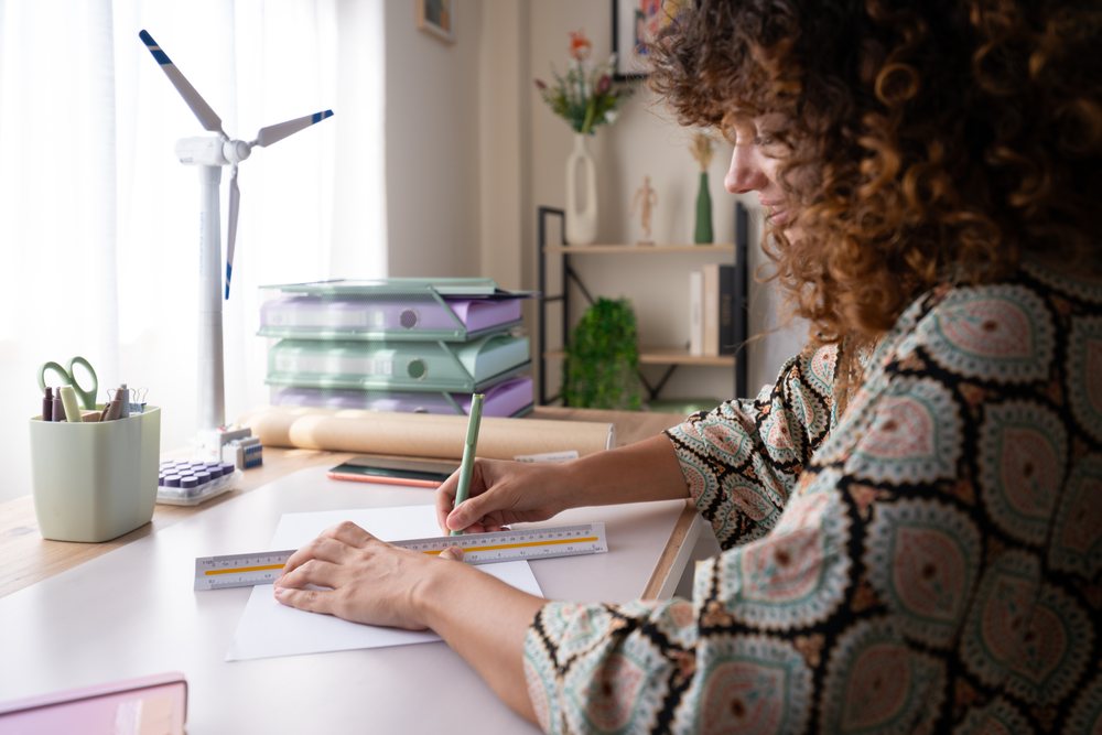 Woman measuring and drawing on paper at a desk in a home office with a wind turbine model, Spain.