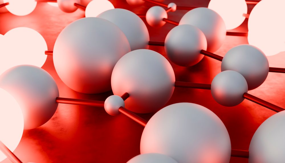 Close-up 3D rendering of a molecular model with white spheres and red connectors representing chemical bonds.