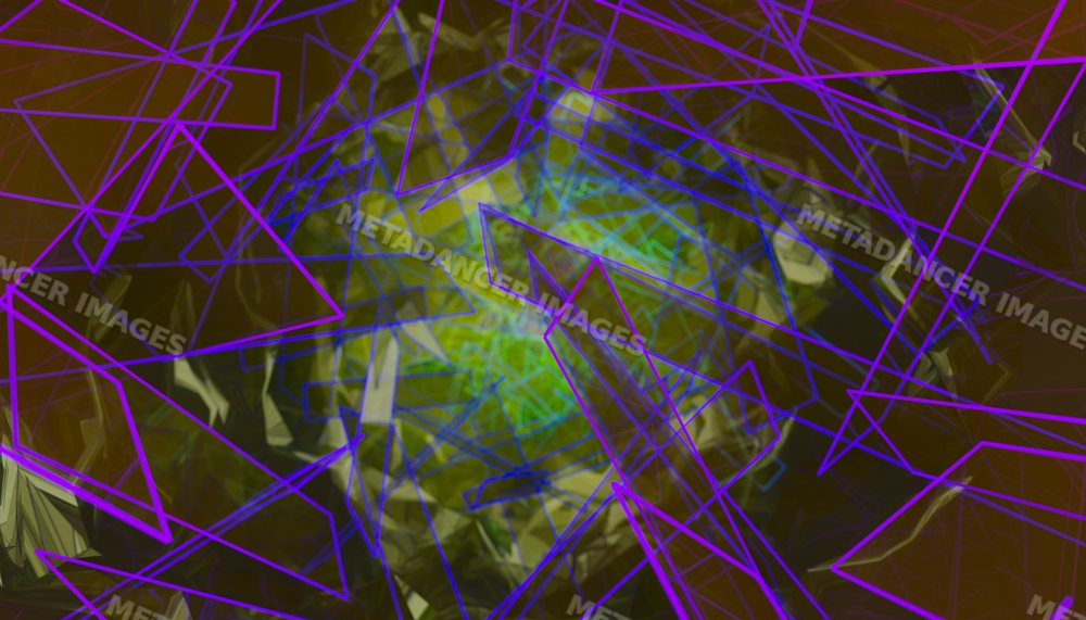 Digital rendering with abstract purple geometric shapes and green