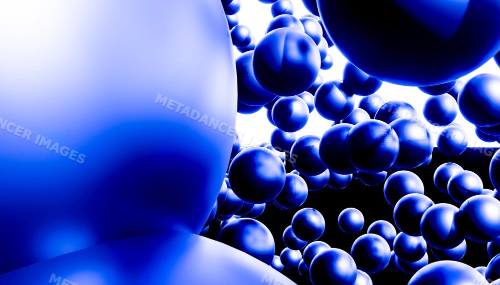 A digital composition of shiny blue spheres floating in a cluster