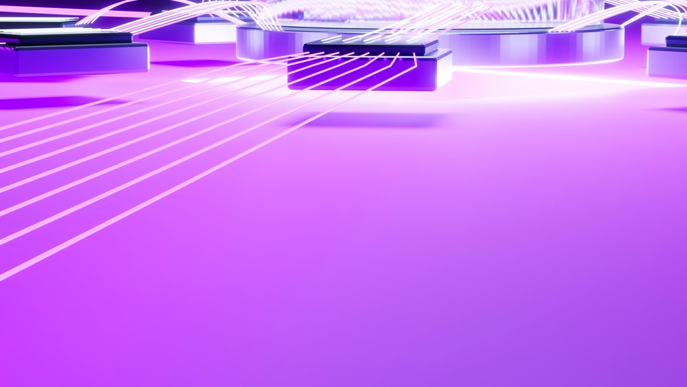 Close-up illustration showing a guitar bridge with attached strings on a purple background.
