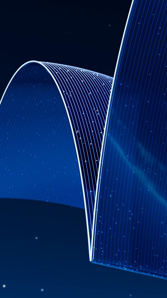 Blue glowing ribbon with curved shapes and striped pattern in a dark digital abstract background.