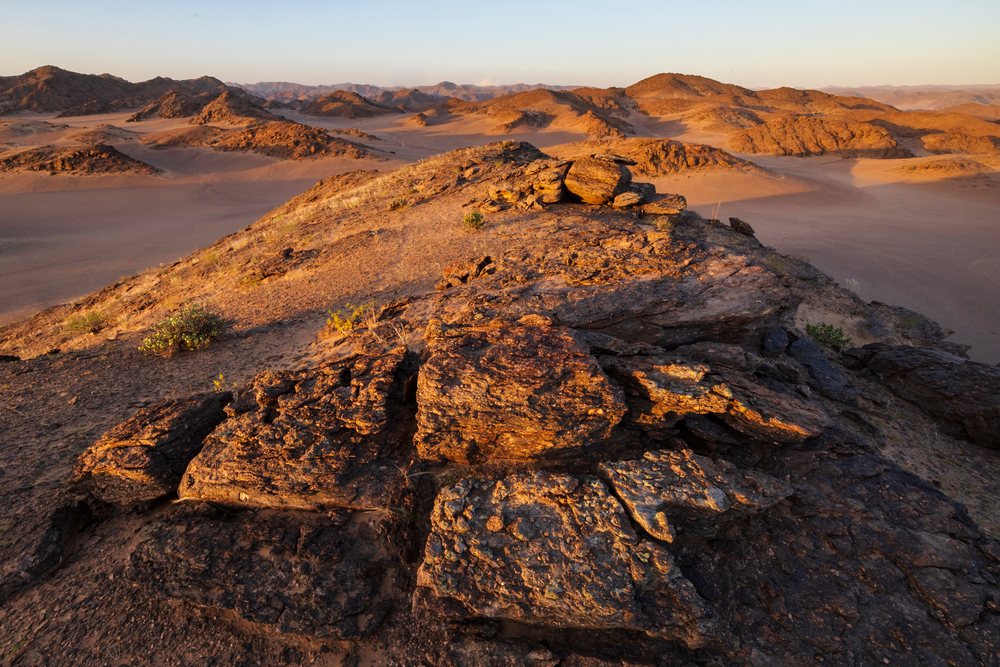 Sunset over the Hoanib River Valley in Namibia's, landscape, wildlife, Kunene Region.