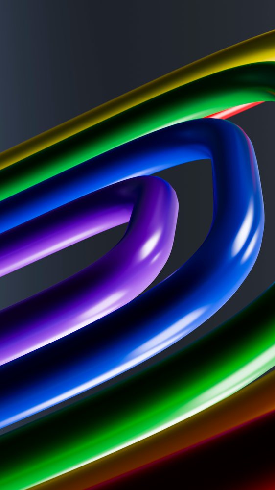 Abstract colorful intertwined curved tubes with smooth and glossy surfaces on a dark background in 3D digital artwork.