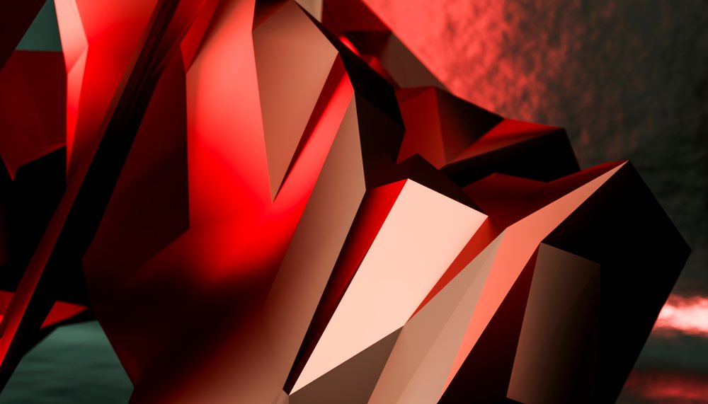 Abstract red geometric 3D shape with sharp edges and faceted surfaces in digital art style.