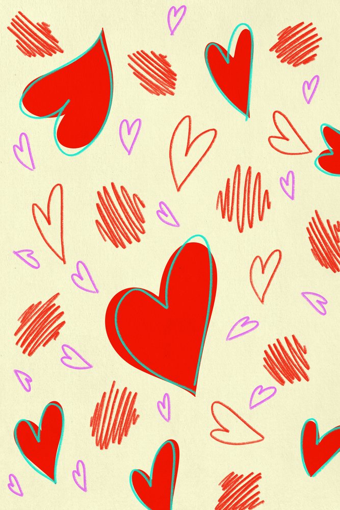 Pattern of red and purple hearts with scribbled red shapes on a light background in a digital illustration.