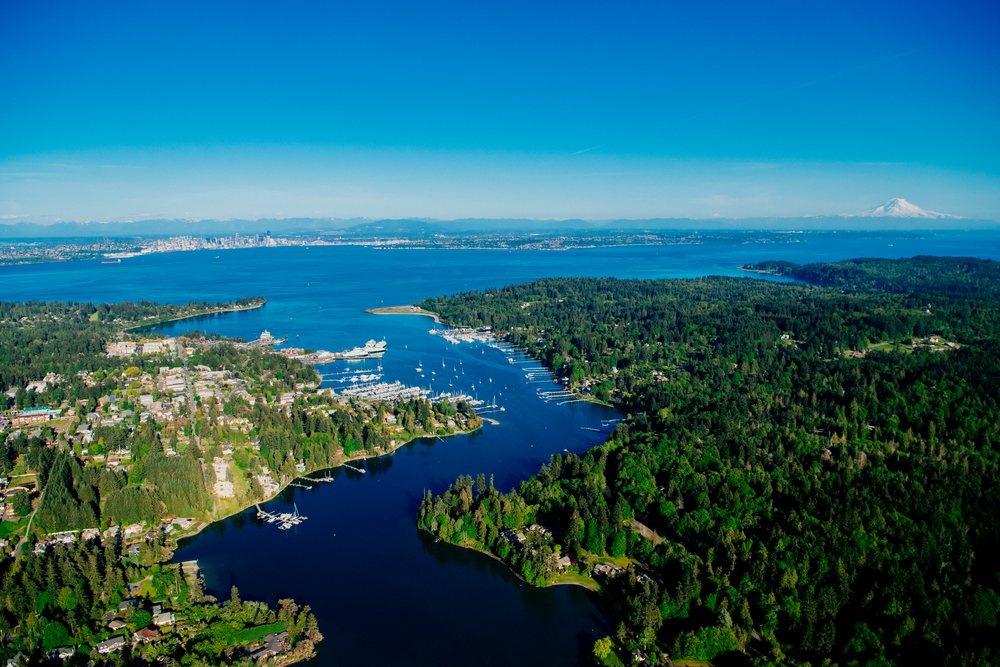Aerial view showing Eagle Harbor marina with boats, forested residential areas, Seattle skyline across the water, and Mount Rainier in the distance, Puget Sound, Salish Sea, Bainbridge Island, USA.