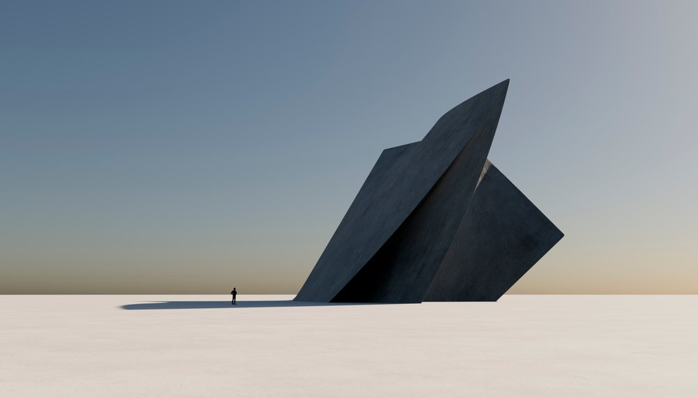 A solitary person observes a large abstract concrete sculpture