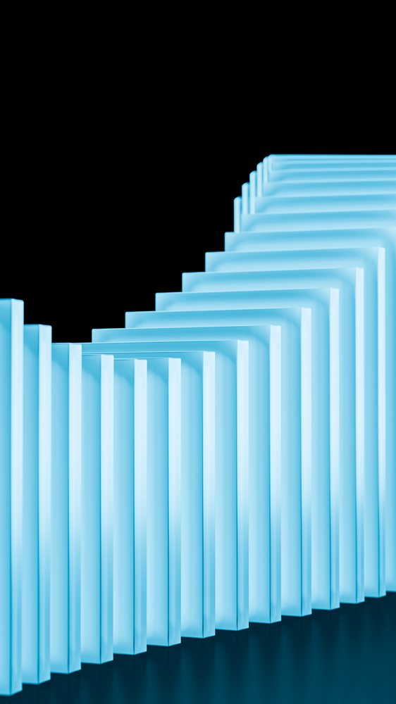 Blue domino tiles arranged in a falling chain sequence on a reflective black surface.
