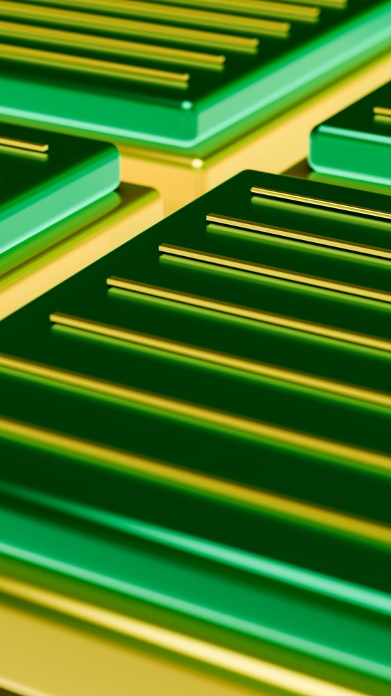Abstract digital illustration featuring green panels with parallel golden lines forming rectangular geometric patterns on a smooth shiny surface.