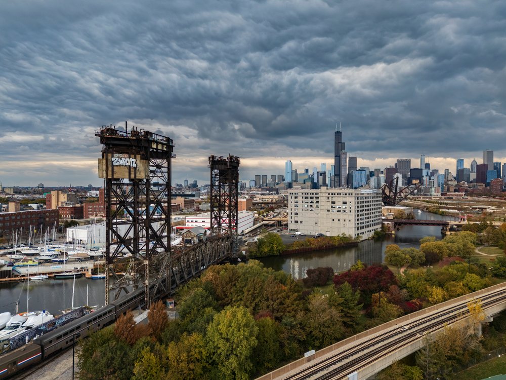 Canal street railway Lift Bridge with chicago skyline, Americana, Historic, Illinois, USA.