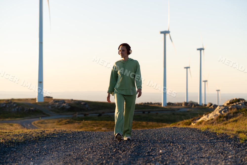 A white woman walking near wind turbines at sunset in Galicia Spain