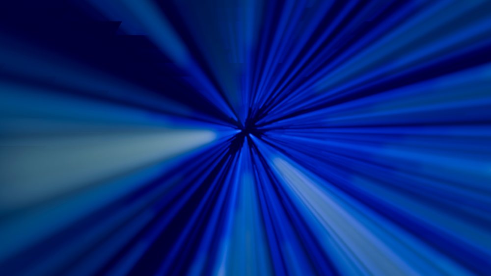 Blue light rays radiate outward from a central point forming an abstract beam pattern on a dark blue background.