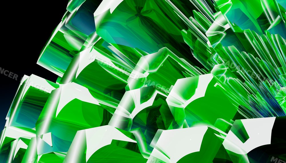 Close-up of vibrant green transparent crystal cluster with geometric