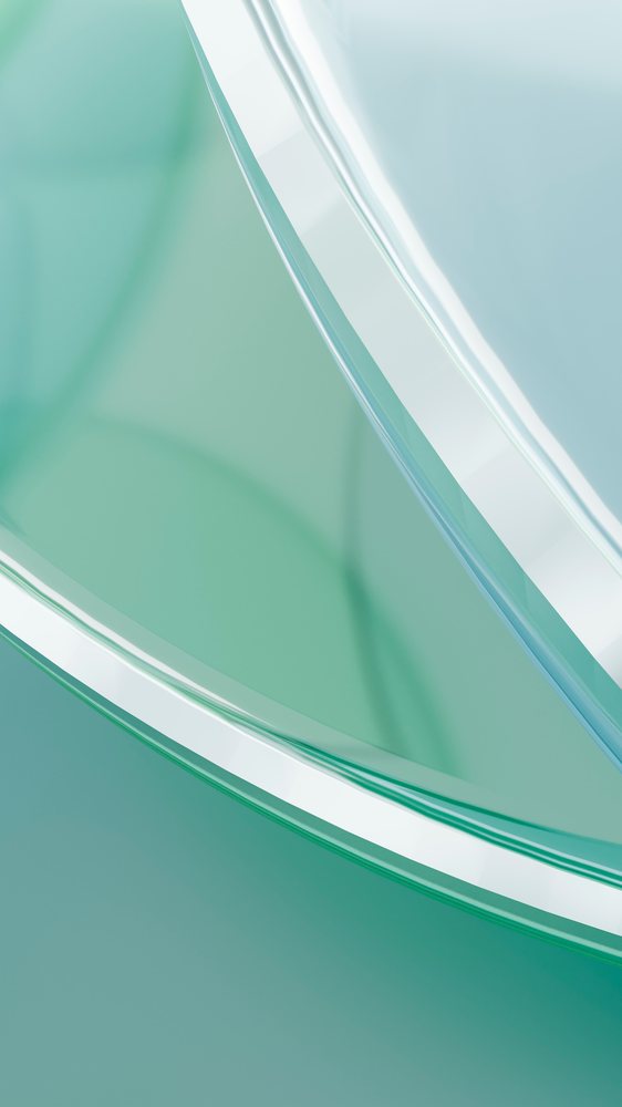 Abstract digital illustration featuring overlapping curved transparent shapes in flowing green, blue, and white gradient tones.