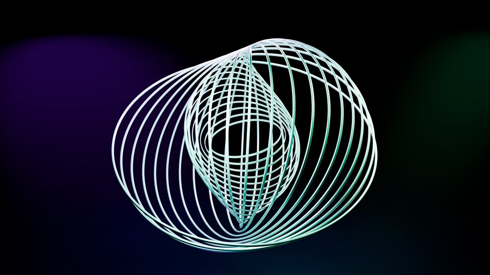 White and light blue 3D wireframe loop with curved geometric lines on a dark background.