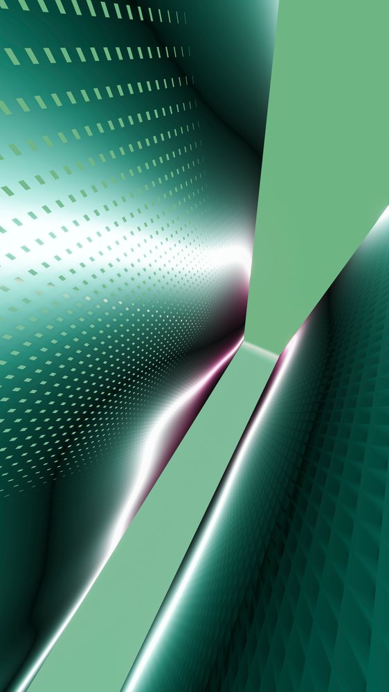 Abstract digital artwork depicting a green tunnel with glowing light and patterned walls creating a futuristic corridor effect.