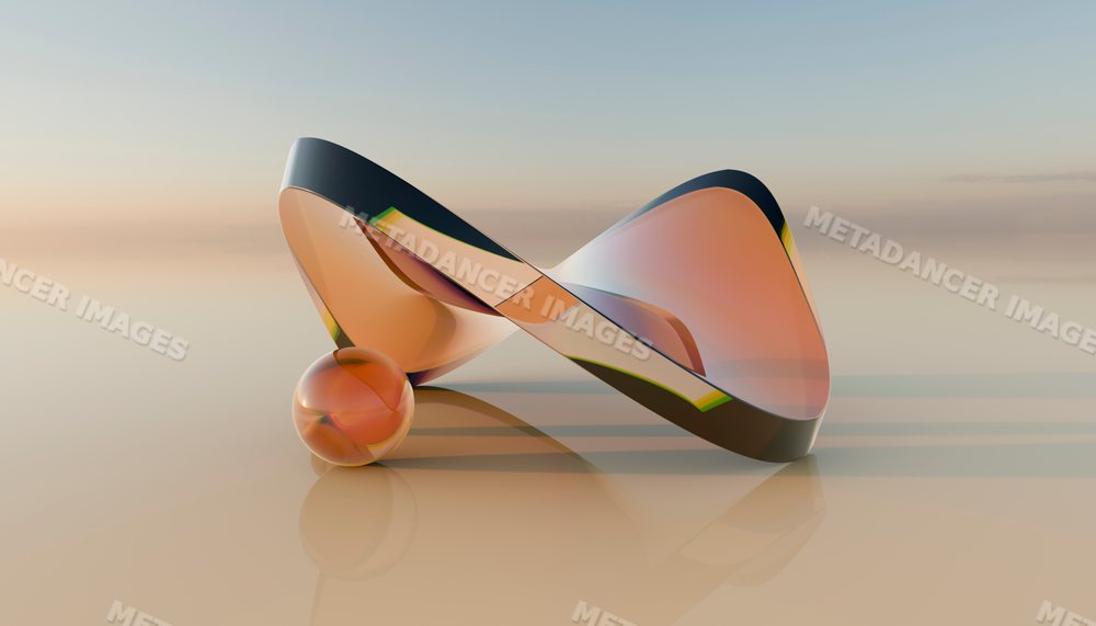 An abstract orange glass sculpture with smooth curves and sphere