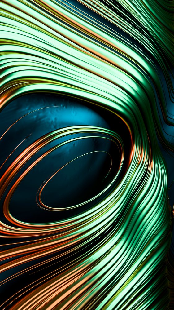 3D digital illustration showing flowing metallic lines in green and orange tones forming a wave pattern.