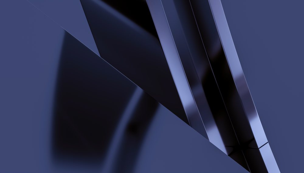 Digital 3D rendering of blue reflective metallic triangular surfaces with sharp angles and smooth shiny texture, abstract, render, wallpaper.
