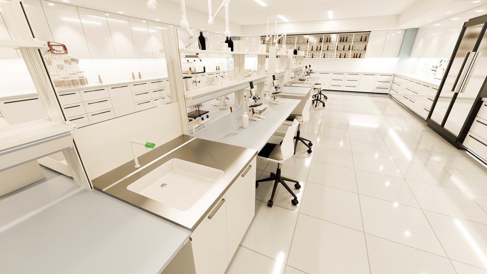 Bright, clean laboratory interior featuring lab benches with microscopes, chemical bottles, glassware, and sinks in an organized workspace.