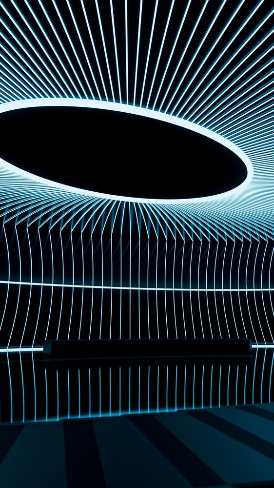 Futuristic light installation features glowing blue neon strips arranged in a circular ceiling pattern, reflected on a shiny floor with a black bench inside a dark room.