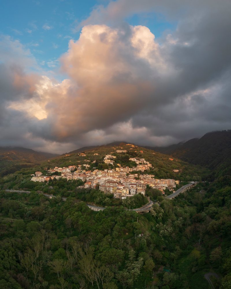 Hill town of Nocera Terinese on a mountain ridge, Calabria, Italy.