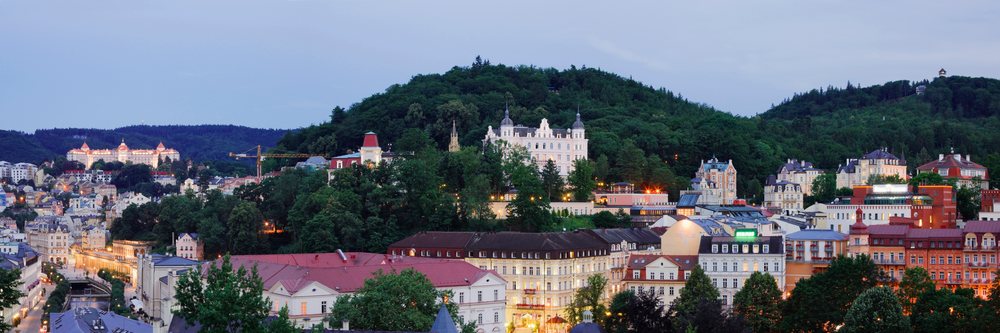 Karlovy vary cityscape with historic buildings, Bohemia, Czech Republic.