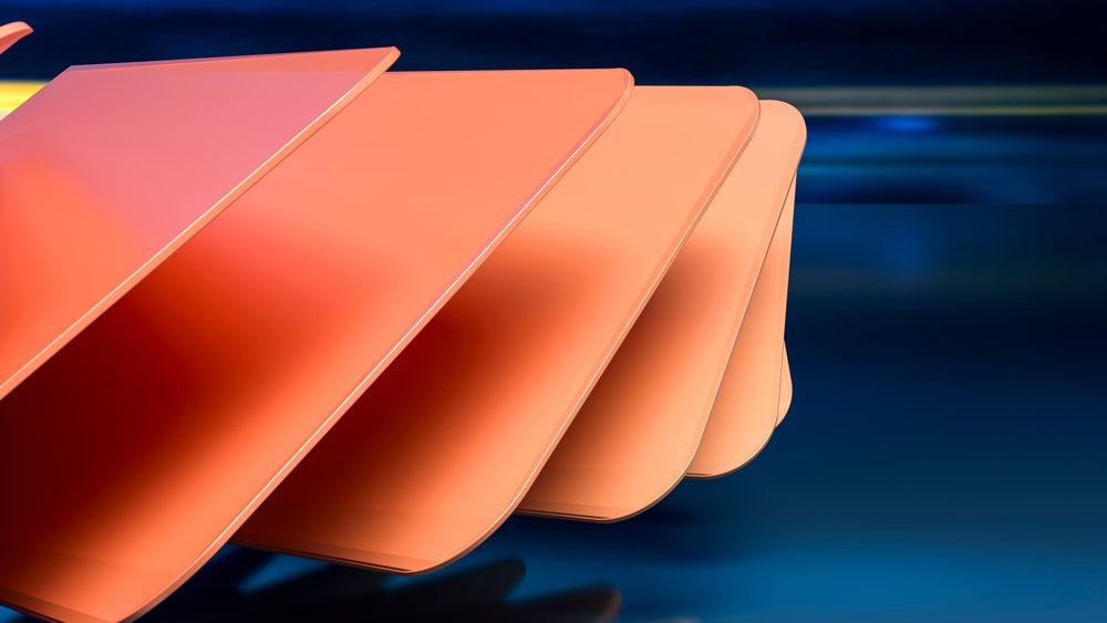Abstract orange curved panels stacked in layers against a blue background with smooth reflective surfaces.