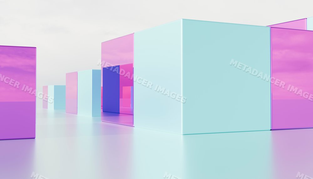 A row of purple and blue reflective 3d cubes on a clean white