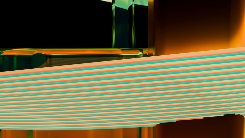 Abstract digital illustration showing a vibrant orange and turquoise striped glass pattern with reflective geometric shapes on a dark background.
