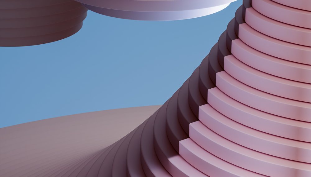 Abstract 3D render showing layered, curved pink shapes on a pastel blue background with soft lighting.